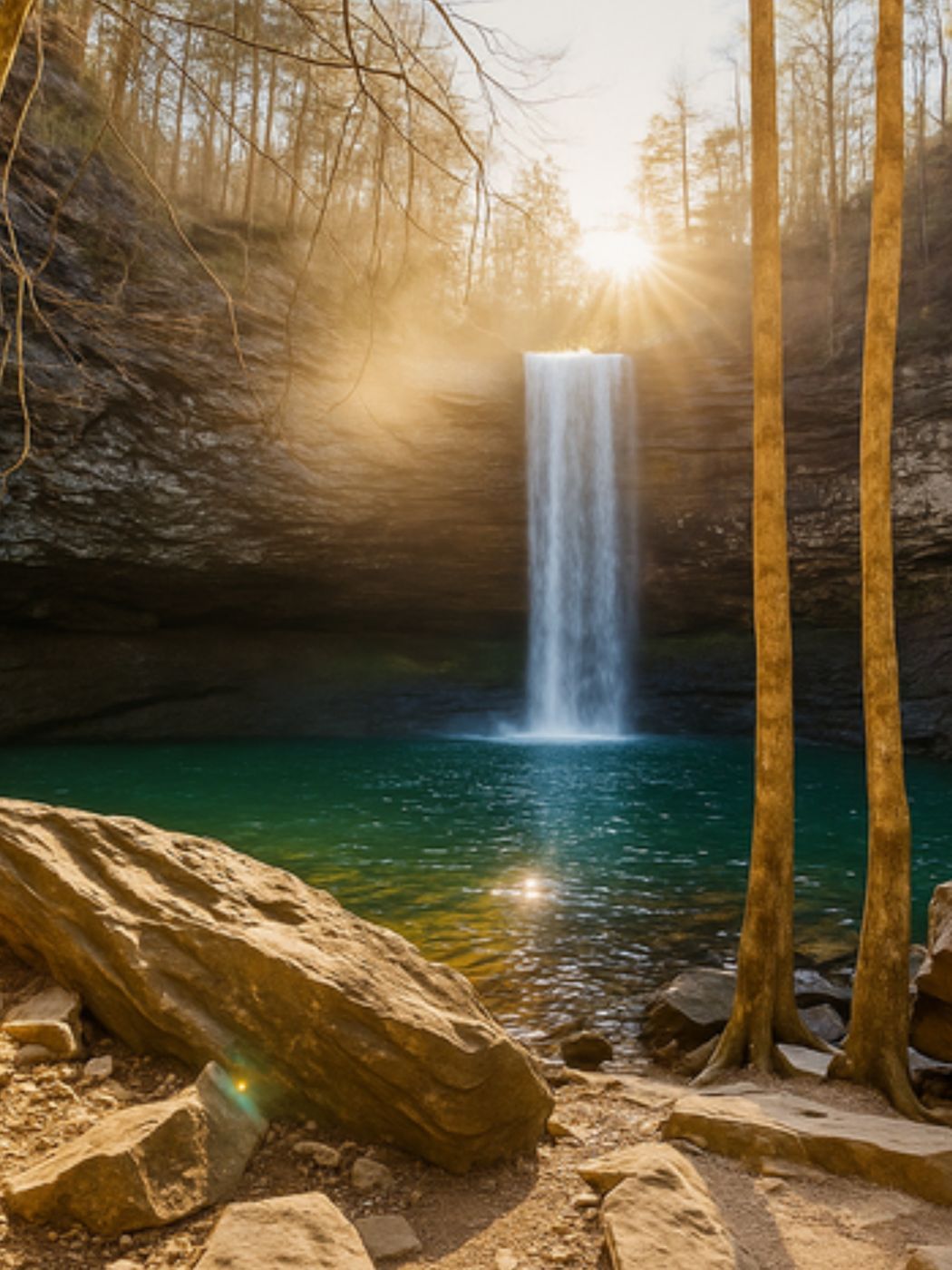 Sunlit waterfall falling into a turquoise pool