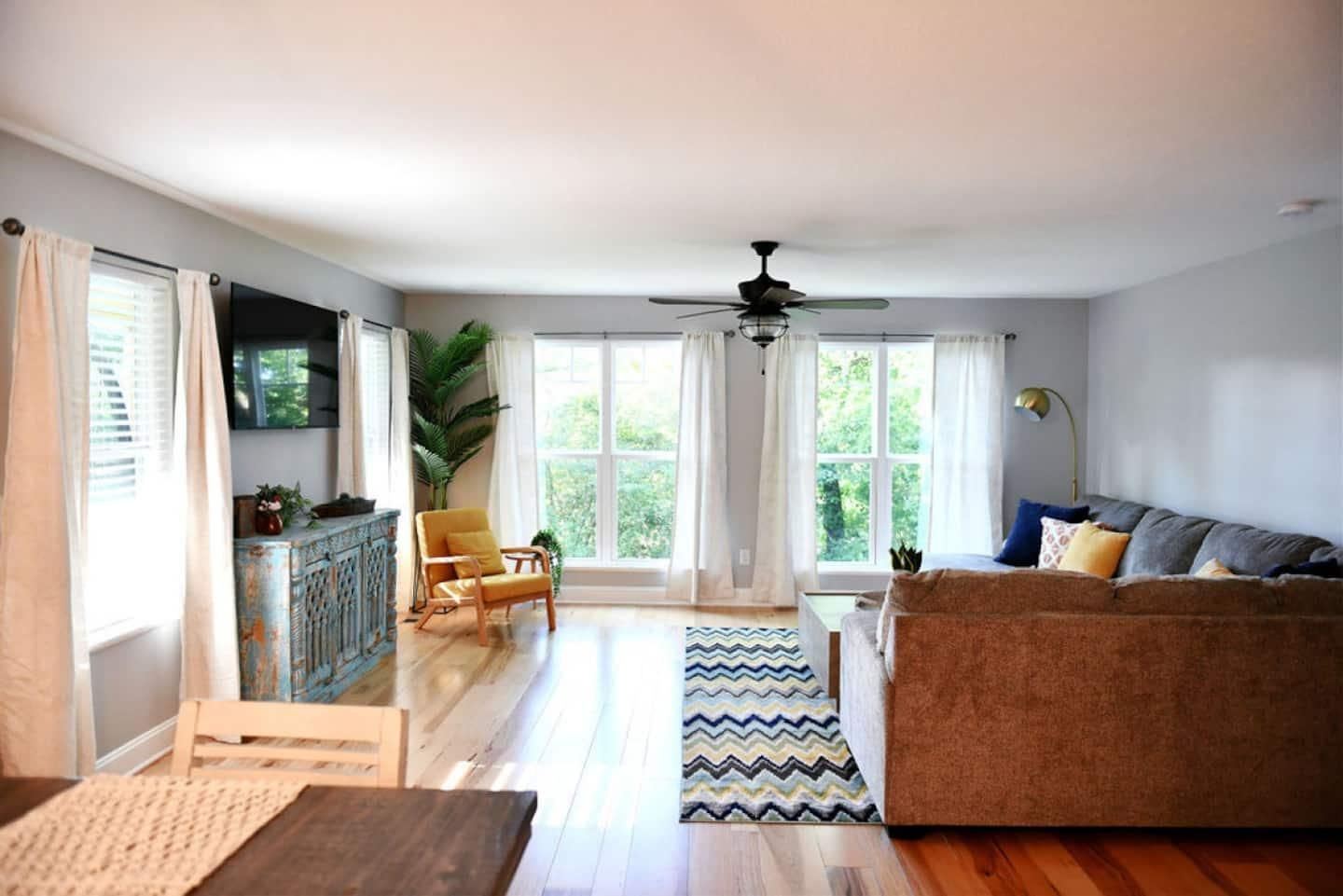 Bright living room with big windows