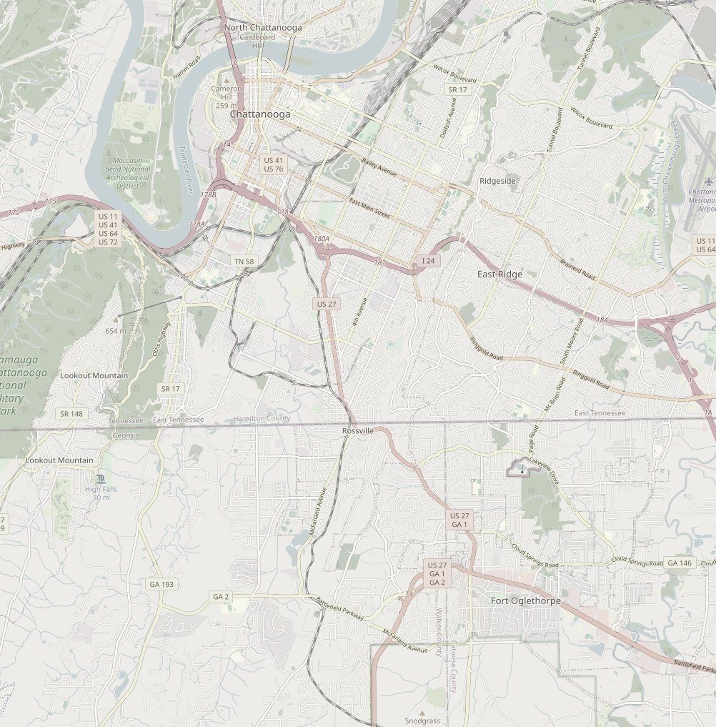 Map of Chattanooga and north Georgia with a star marking the house in Rossville, southeast of downtown